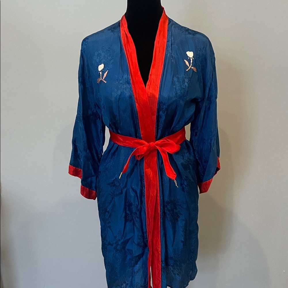 Blue Satin Robe with Red Trim and Tie Waist